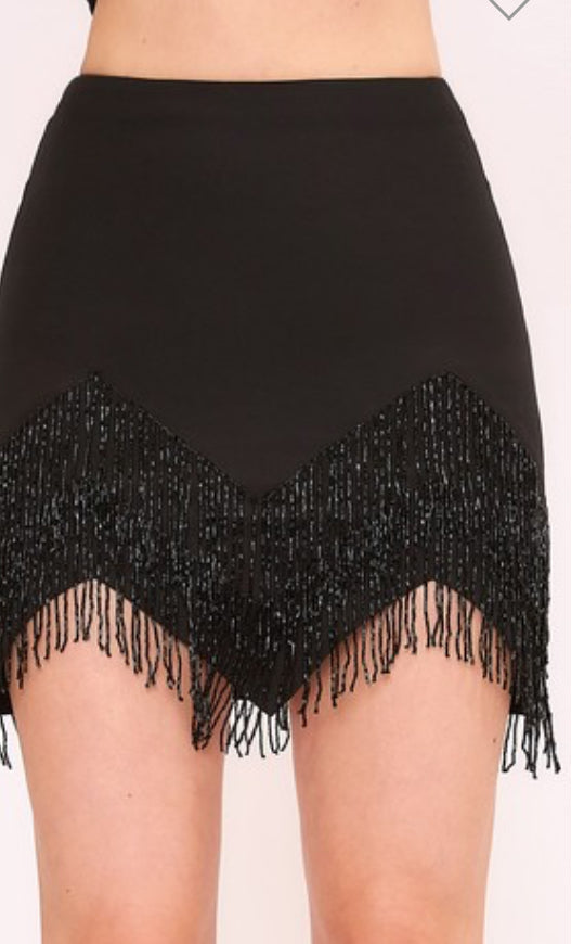 BLACK JEWEL FRINGE MINI SKIRT