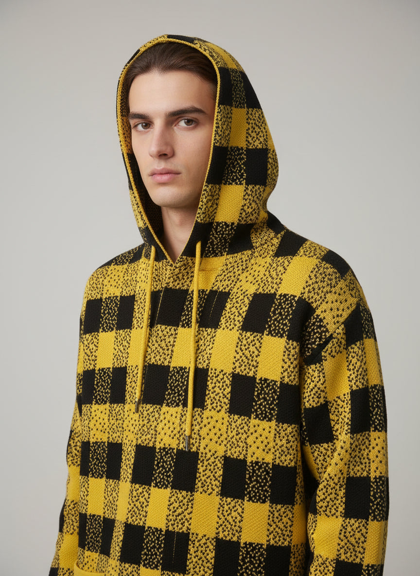 CHECKERED KNIT HOODIE