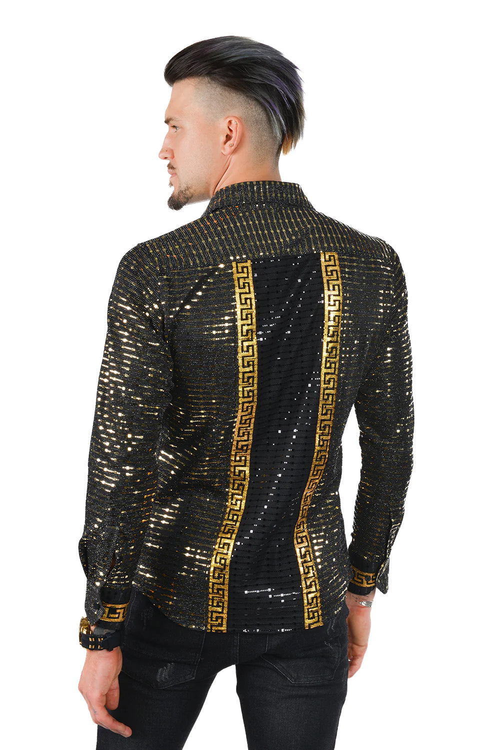 La Greca Gold and Black Two-Tone Greek Key Pattern Long-Sleeve Shirt