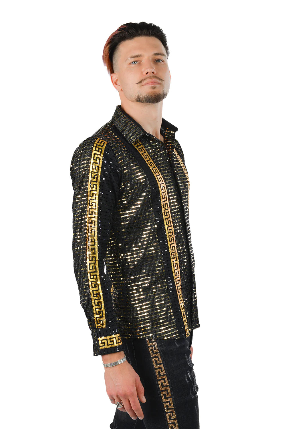 La Greca Gold and Black Two-Tone Greek Key Pattern Long-Sleeve Shirt