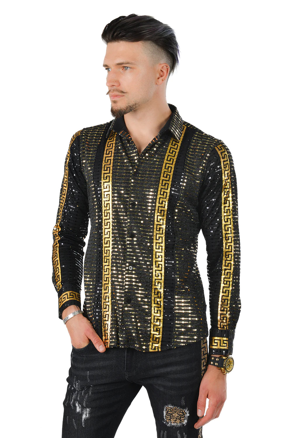 La Greca Gold and Black Two-Tone Greek Key Pattern Long-Sleeve Shirt SHIRTS Barabas Collection Vercini