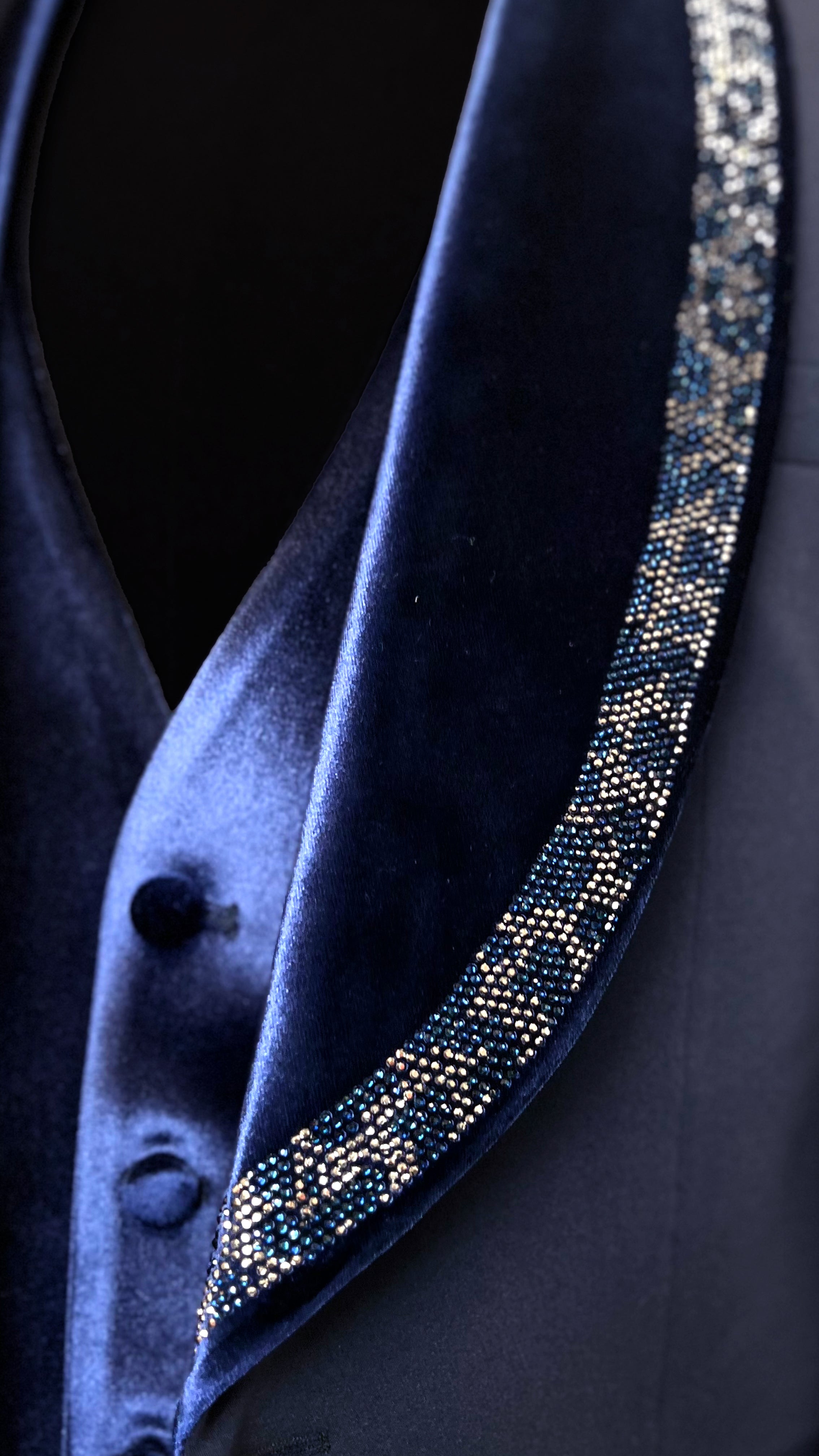 Men's Deep Blue Velvet Tuxedo with Crystal Embellished Lapel - Vercini