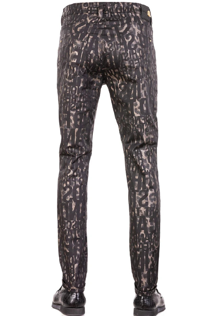 Black gold semi shiny print stretchy fabric pants