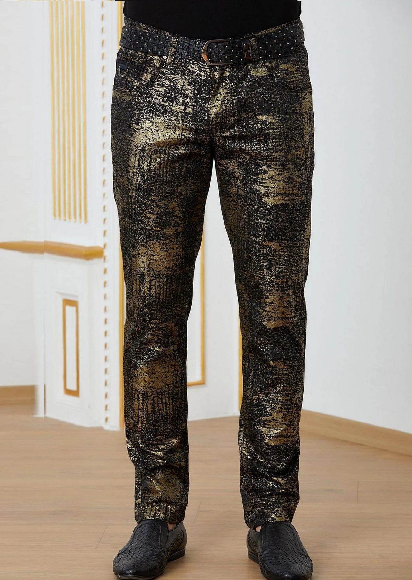 Black Gold Foil Stretchy Pants JEANS Mondo Collection Vercini