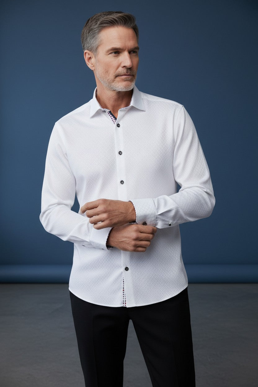 Men's White Dress Shirt with Subtle Pattern & Contrast Collar
