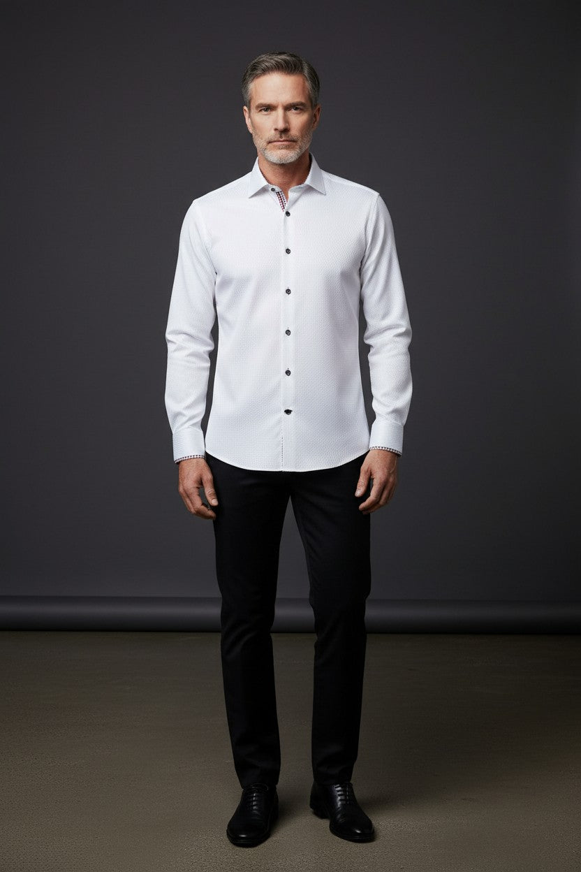 Men's White Dress Shirt with Subtle Pattern & Contrast Collar