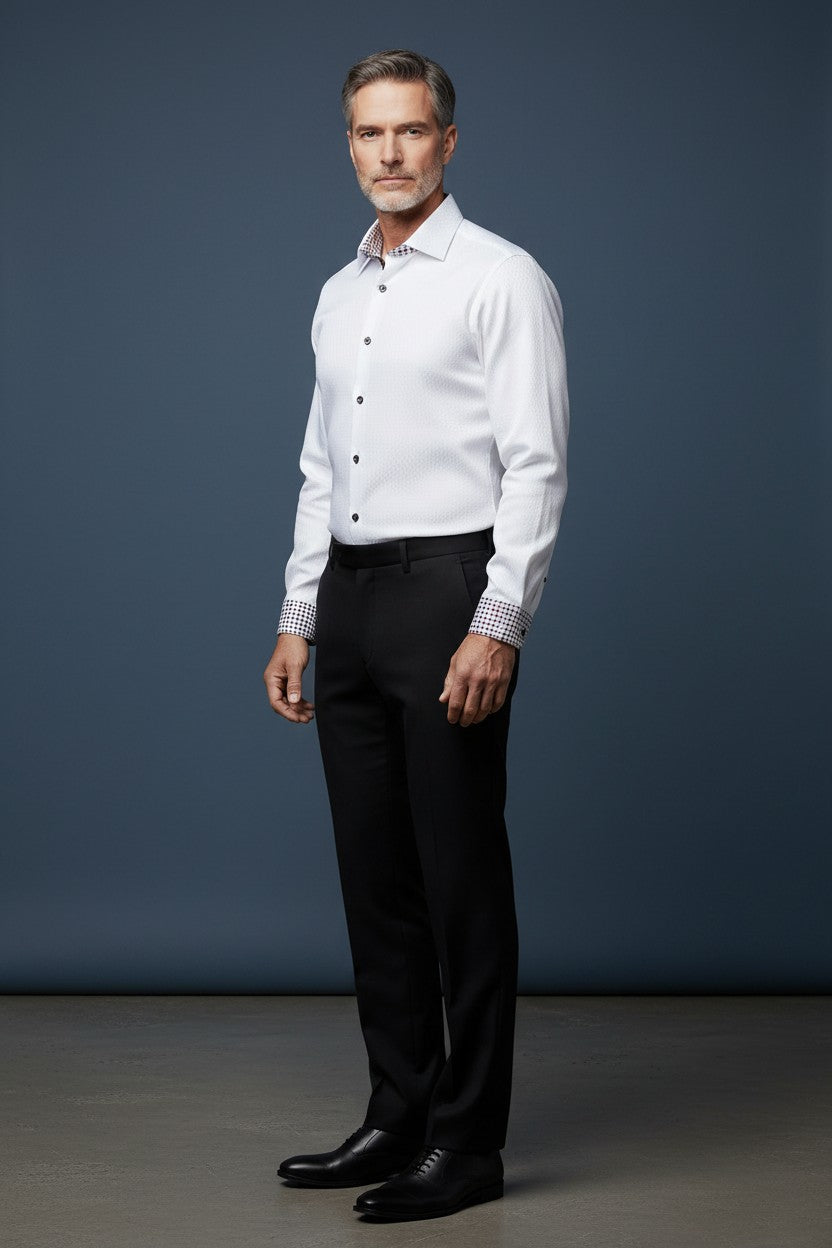 Men's White Dress Shirt with Subtle Pattern & Contrast Collar