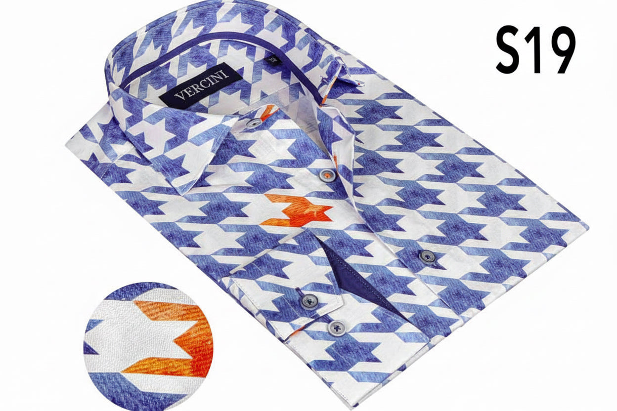 A blue houndstooth patterned shirt with a collar, buttons, and a branded label visible.