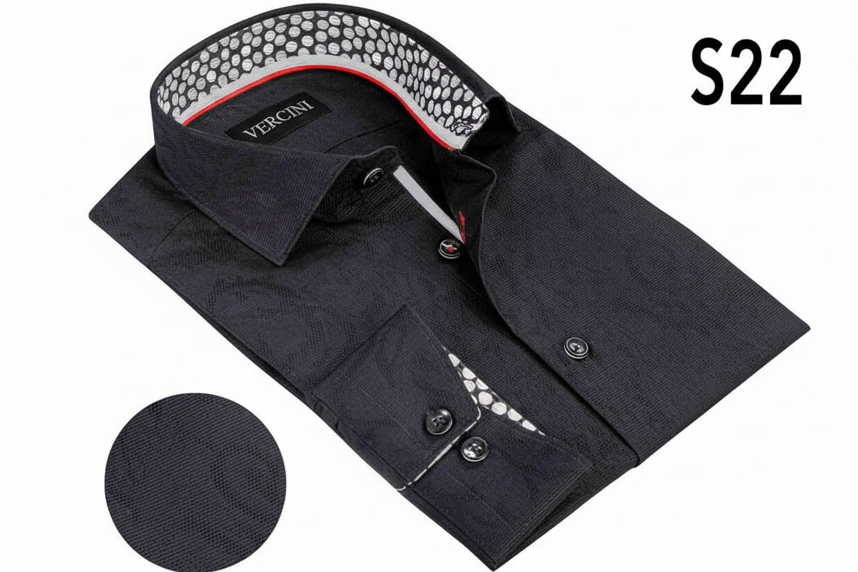 A black dress shirt with unique fabric design and black and white circle trim, displayed on a mannequin.