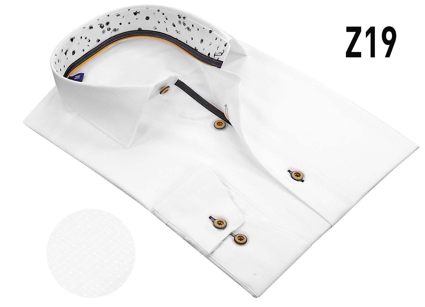 White dress shirt with a patterned collar on a white background