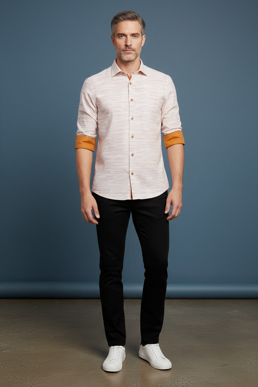 VECS-Z29 Sandstone Striped Contrast Trim Shirt