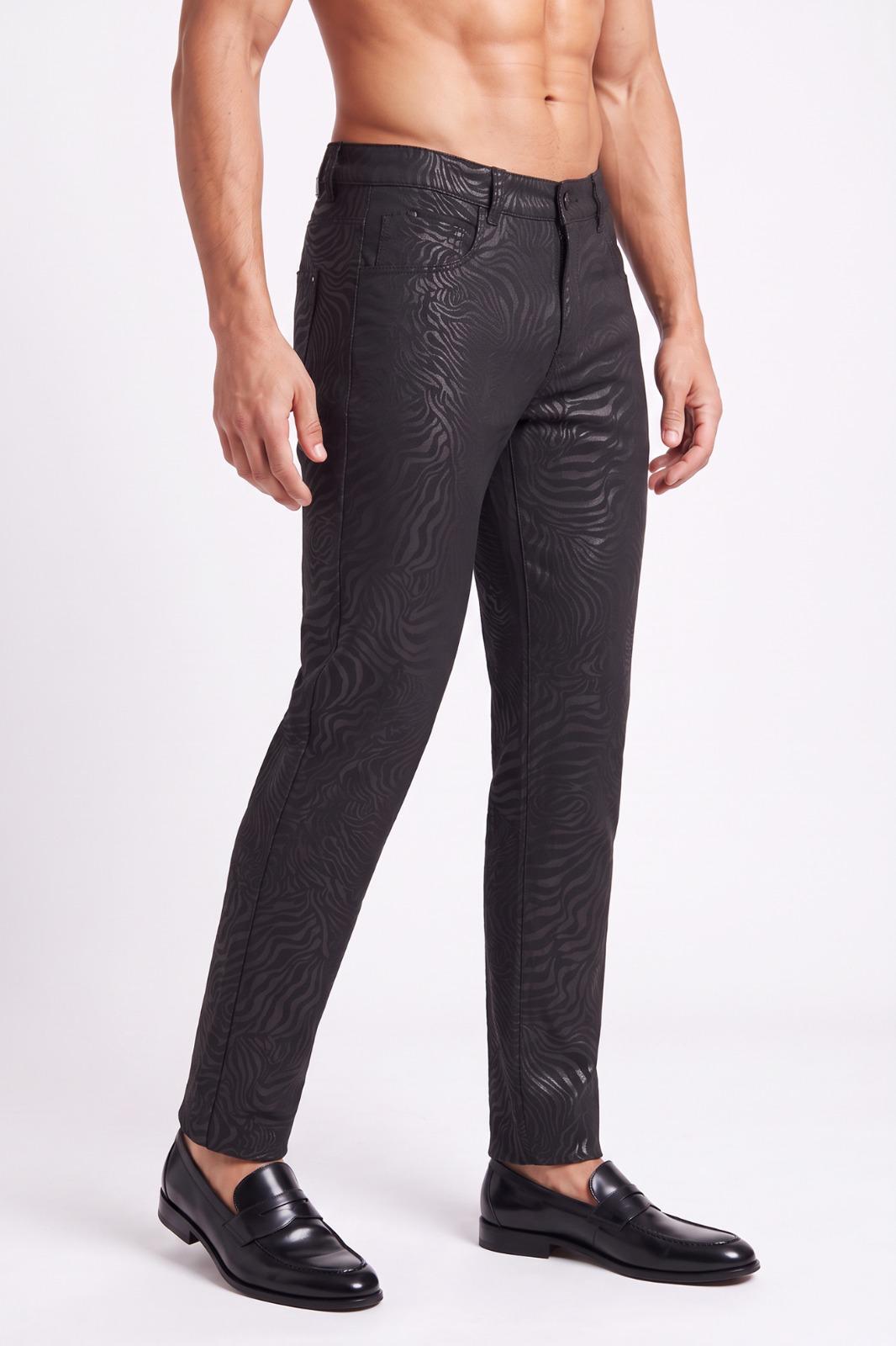 Men’s Black Tonal Wave-Pattern Pants