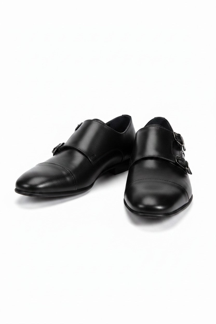 Double Monk Strap Cap Toe Oxford — Black