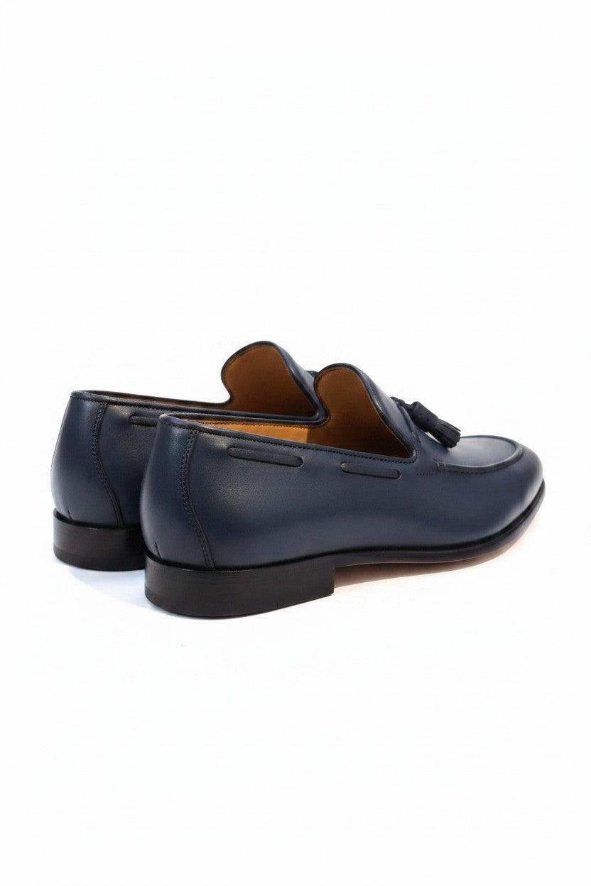 Navy Blue Leather Tassel Loafer — Hand-Burnished Edition