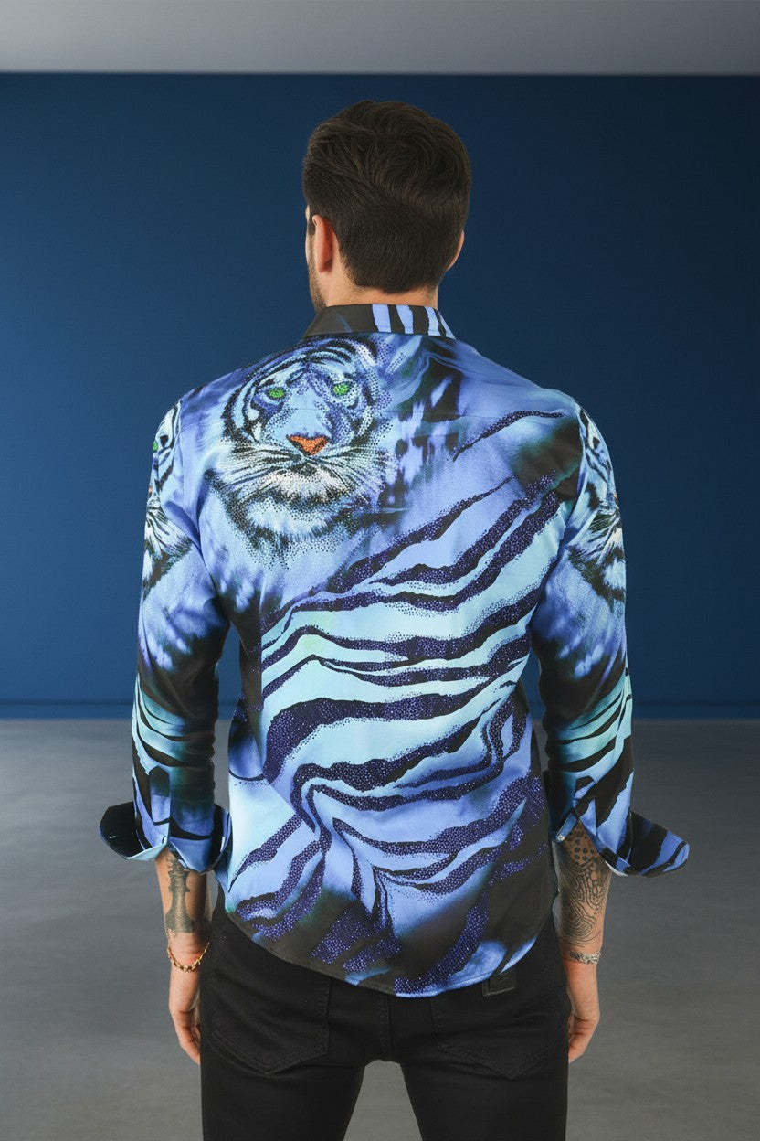 On the Prowl  Men's Rhinestone Tiger & Tiger Scratch Shirt