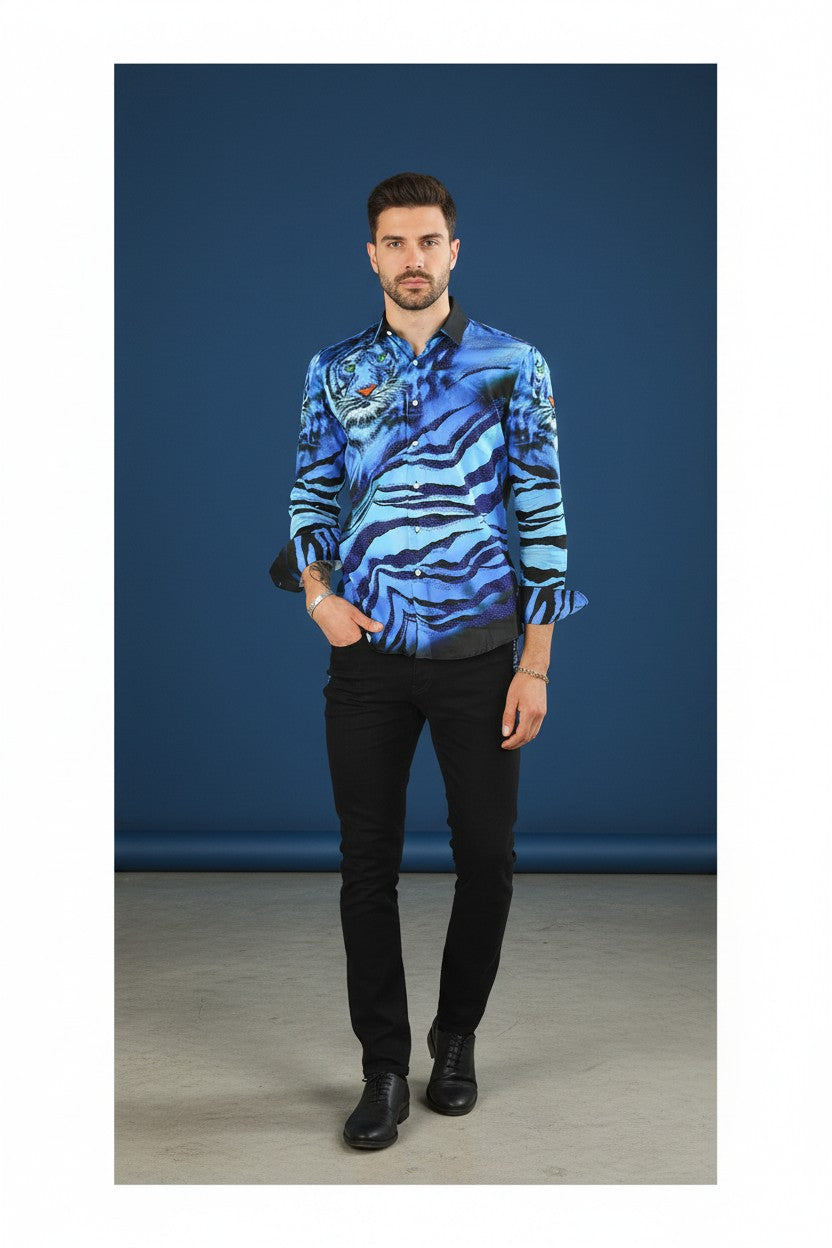 On the Prowl  Men's Rhinestone Tiger & Tiger Scratch Shirt