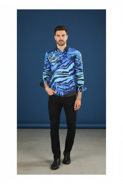 On the Prowl Barabas Men's Rhinestone Tiger & Tiger Scratch Shirt