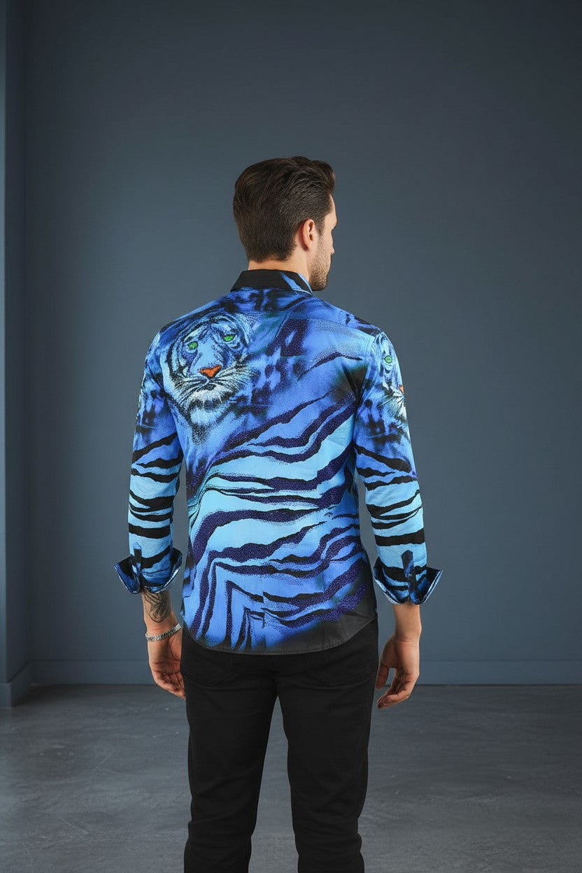 On the Prowl  Men's Rhinestone Tiger & Tiger Scratch Shirt