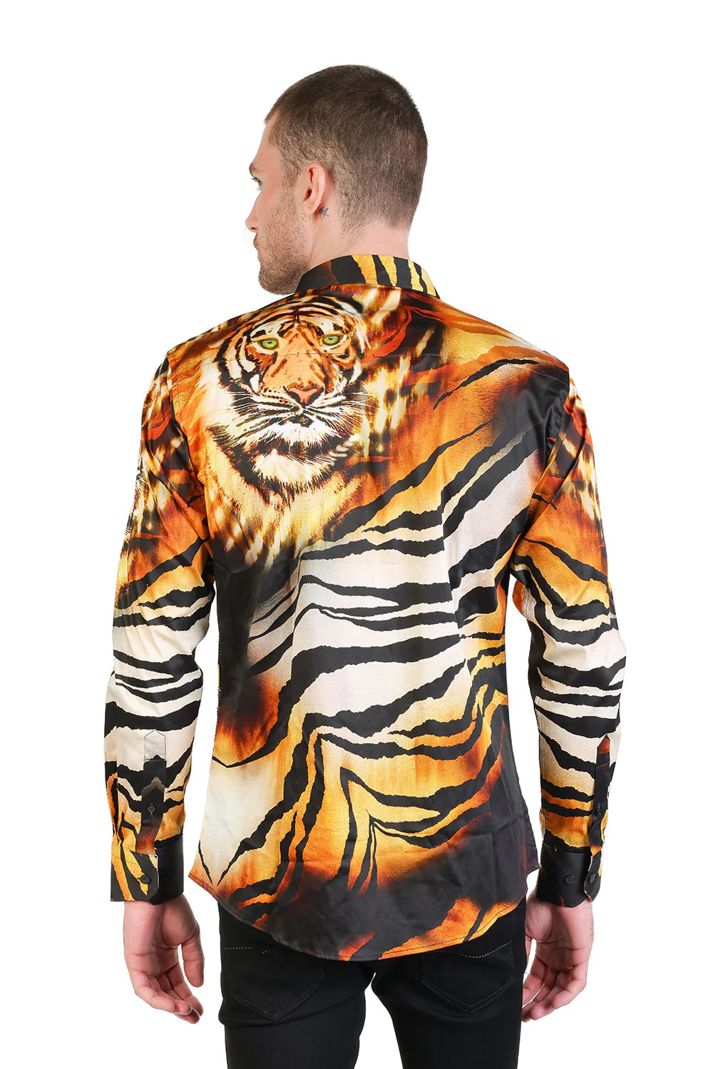On the Prowl Barabas Men's Rhinestone Tiger & Tiger Scratch Shirt