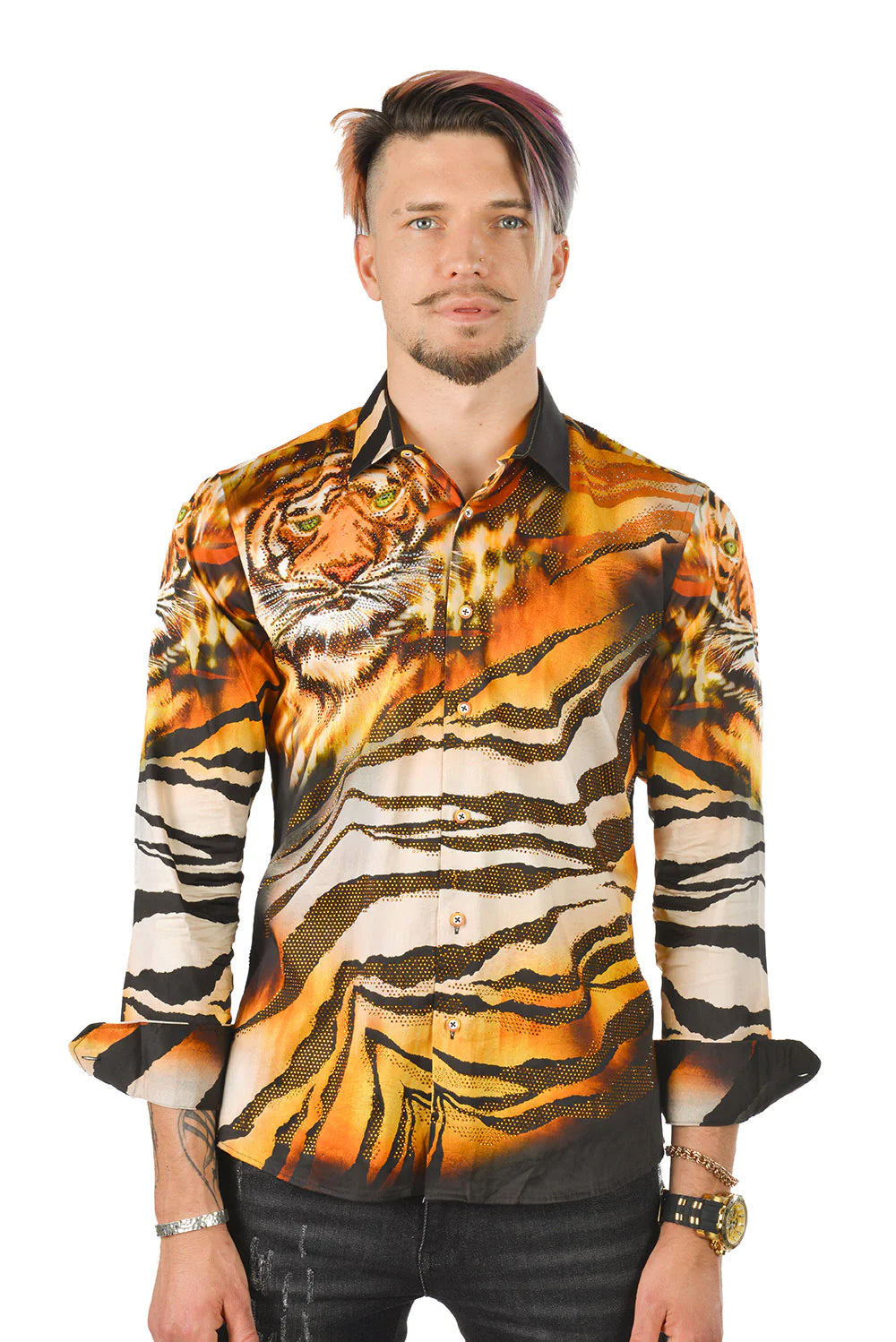 On the Prowl Barabas Men's Rhinestone Tiger & Tiger Scratch Shirt SHIRTS Barabas Collection Vercini