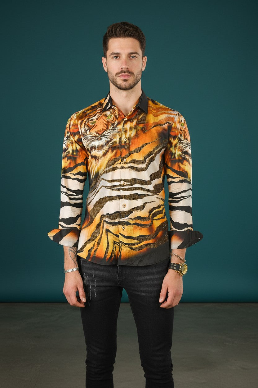 On the Prowl  Men's Rhinestone Tiger & Tiger Scratch Shirt