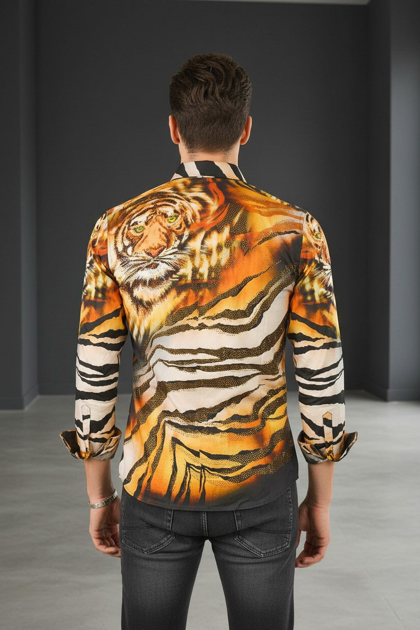On the Prowl  Men's Rhinestone Tiger & Tiger Scratch Shirt