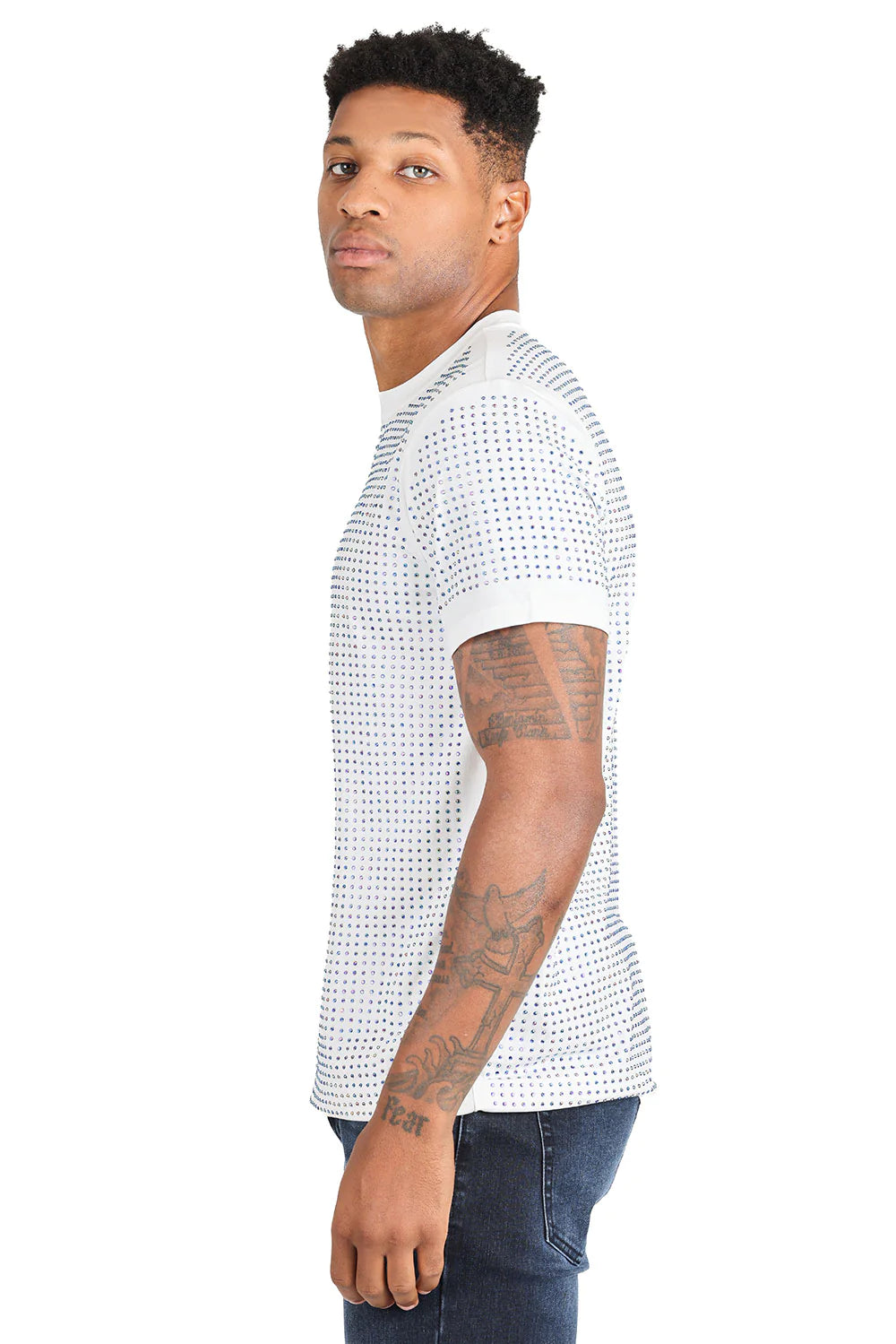 Gold Jewel Men's White and Silver Shiny Crew-Neck T-Shirt