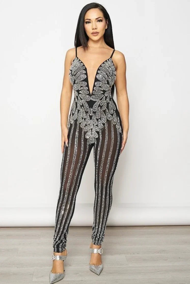 Rhinestone Embellished Sleeveless Jumpsuit