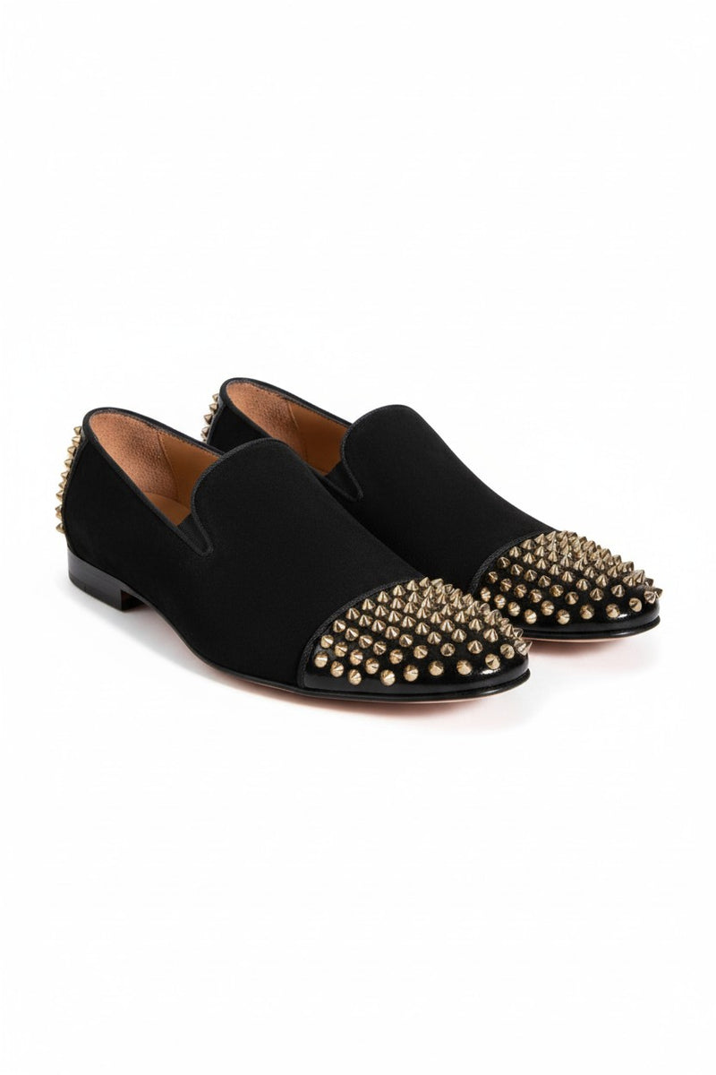 slim fit dress slacks Men's Black Suede Loafers with Bold Gold Spiked Embellishments by Vercini  LOAFERS Vercini