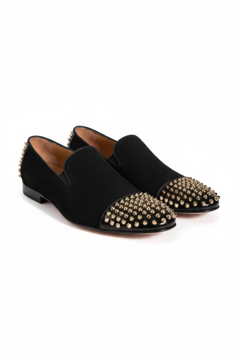 Men's Black Suede Loafers with Bold Gold Spiked Embellishments by Vercini