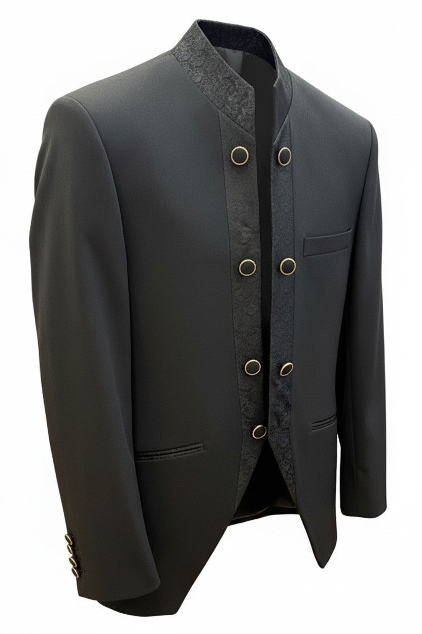 Mandarin Collar Tuxedo with Jacquard Vest – Black & Off White