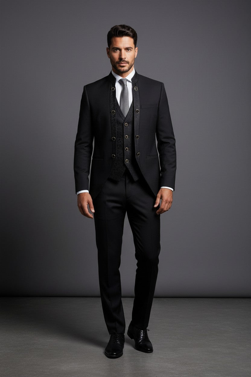 Mandarin Collar Tuxedo with Jacquard Vest – Black & Off White
