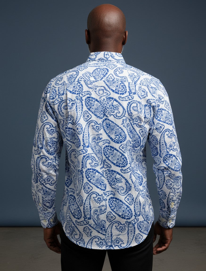 Riviera Paisley Shirt – White & Royal Blue