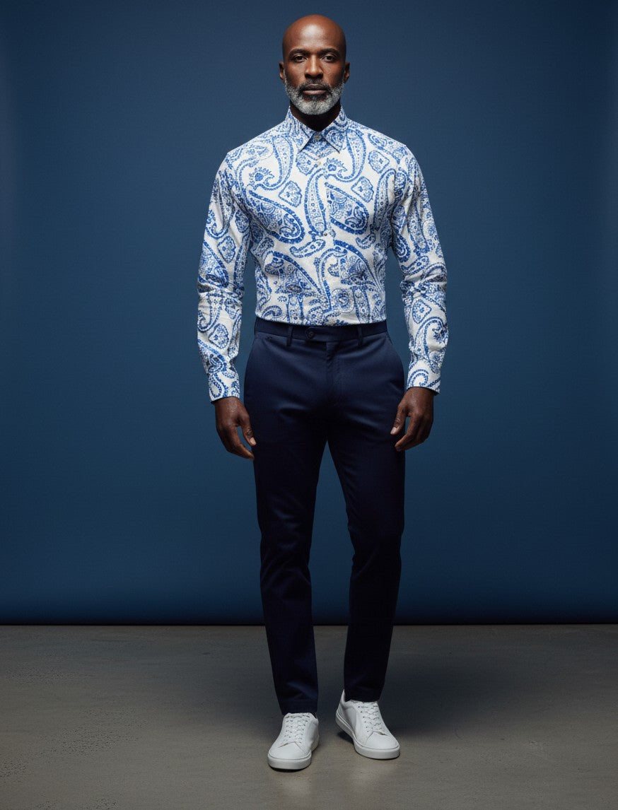 Riviera Paisley Shirt – White & Royal Blue