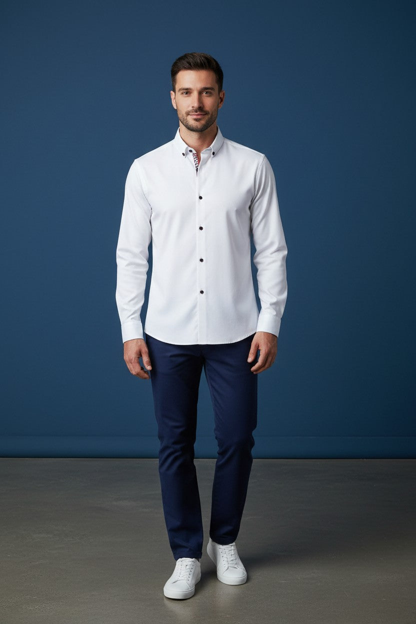 Vercini Classic White Shirt with Contrast Button Detail