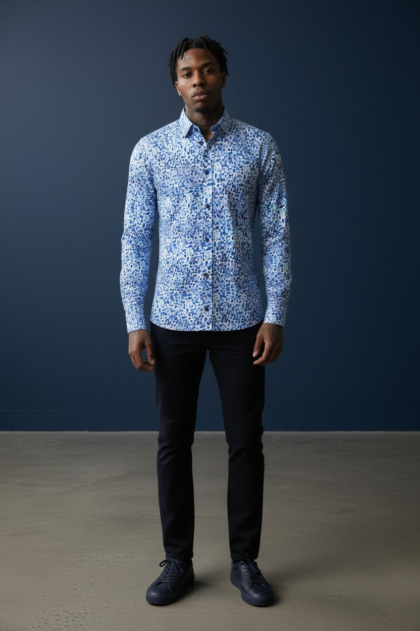 Blue & White Polka Dot Long Sleeve Shirt