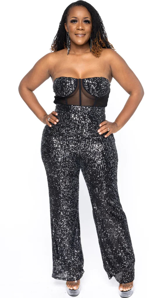 SHINNY  SEQUIN JUMPSUIT BLACK/SILVER