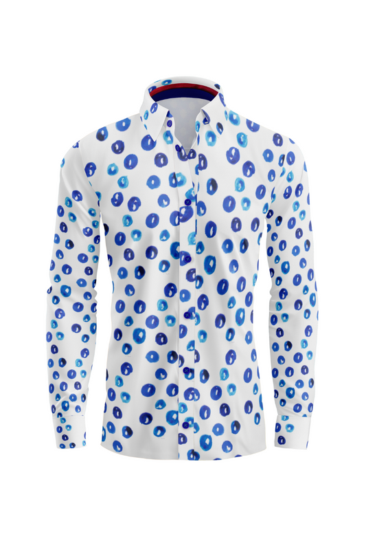 white shirt with blue circles