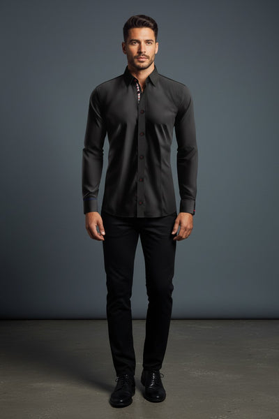 Vercini Chic Black Dress Shirt with Contrast Inner Collar Black / 5XL Vercini Chic Black Dress Shirt with Contrast Inner Collar Black / 5XL