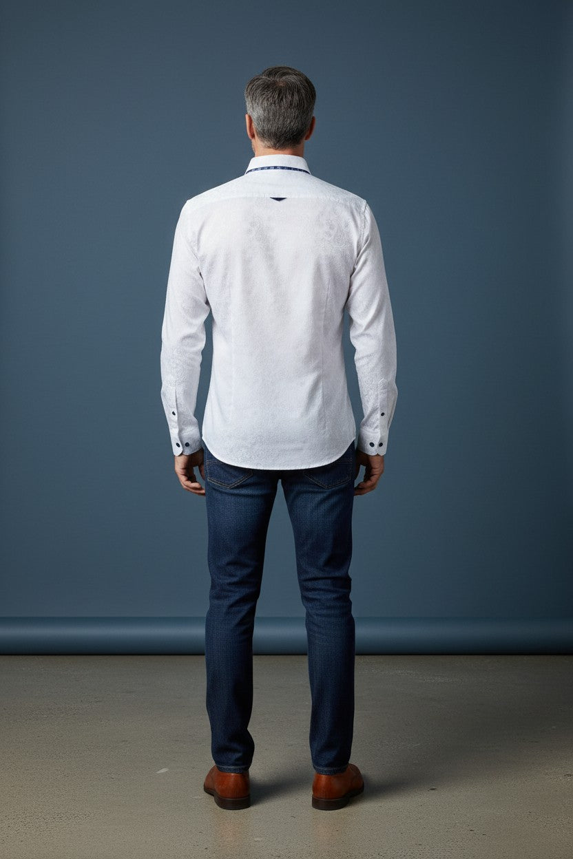 Sleek White Designer Shirt with Signature Black Buttons