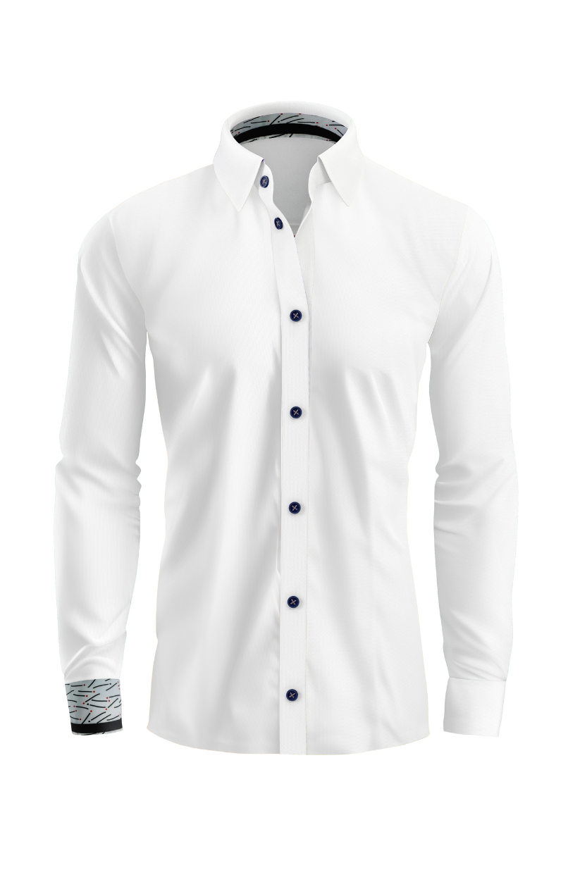 Contemporary White Dress Shirt with Patterned Cuff Detail