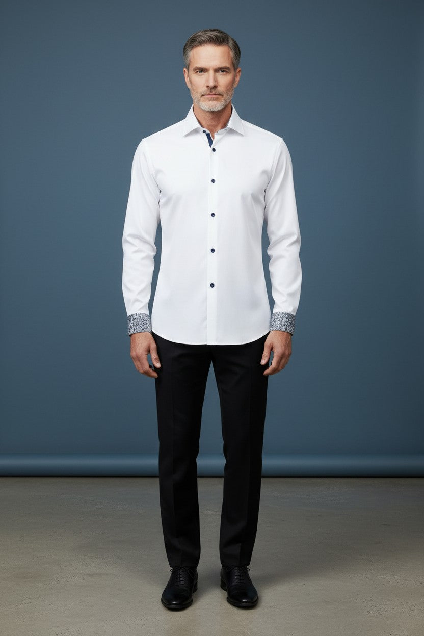 Contemporary White Dress Shirt with Patterned Cuff Detail