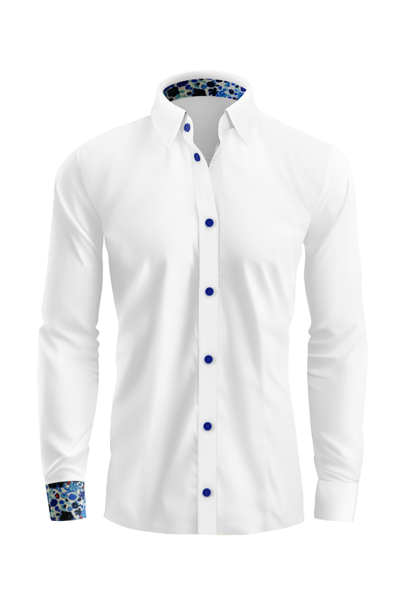 Vercini Elegance White Shirt with Blue Accent Buttons and Cuff