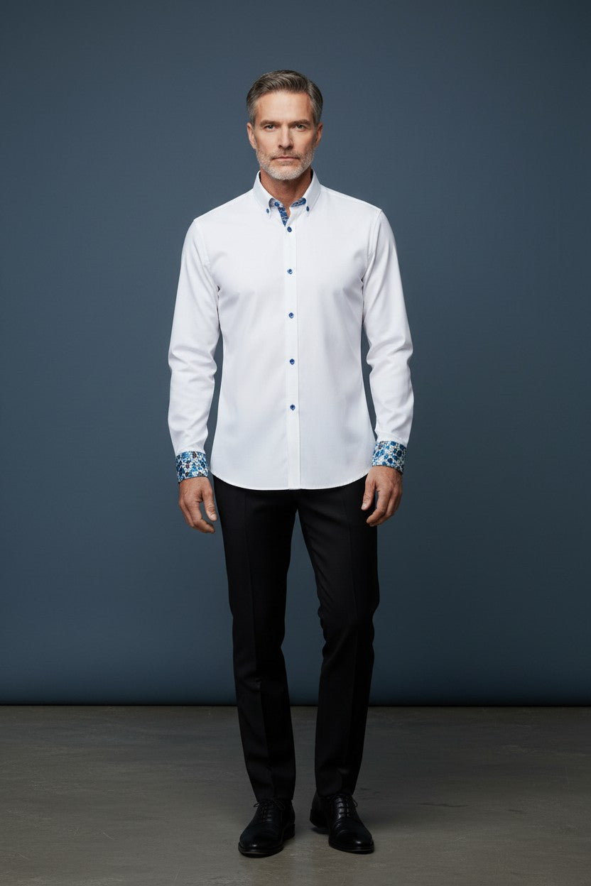 Vercini Elegance White Shirt with Blue Accent Buttons and Cuff