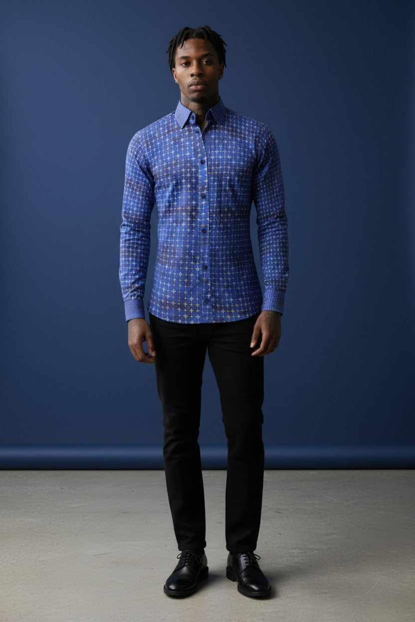 Vercini Geometric Precision Blue Cotton Shirt