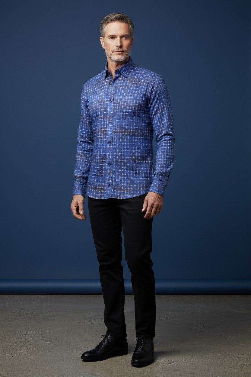 Vercini Geometric Precision Blue Cotton Shirt