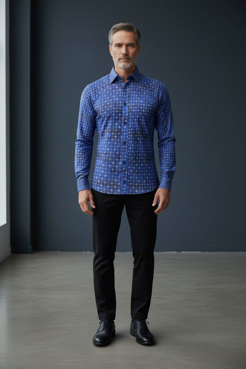 Vercini Geometric Precision Blue Cotton Shirt