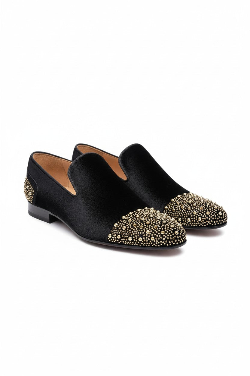 Men's Black Velvet Loafers with Gold Stud Embellishments by Vercini
