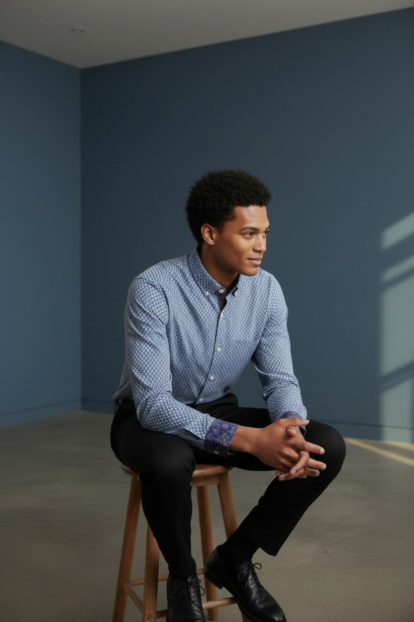 Vercini Signature Geometric Cotton Shirt Collection - Available in White, Sky Blue, and Navy
