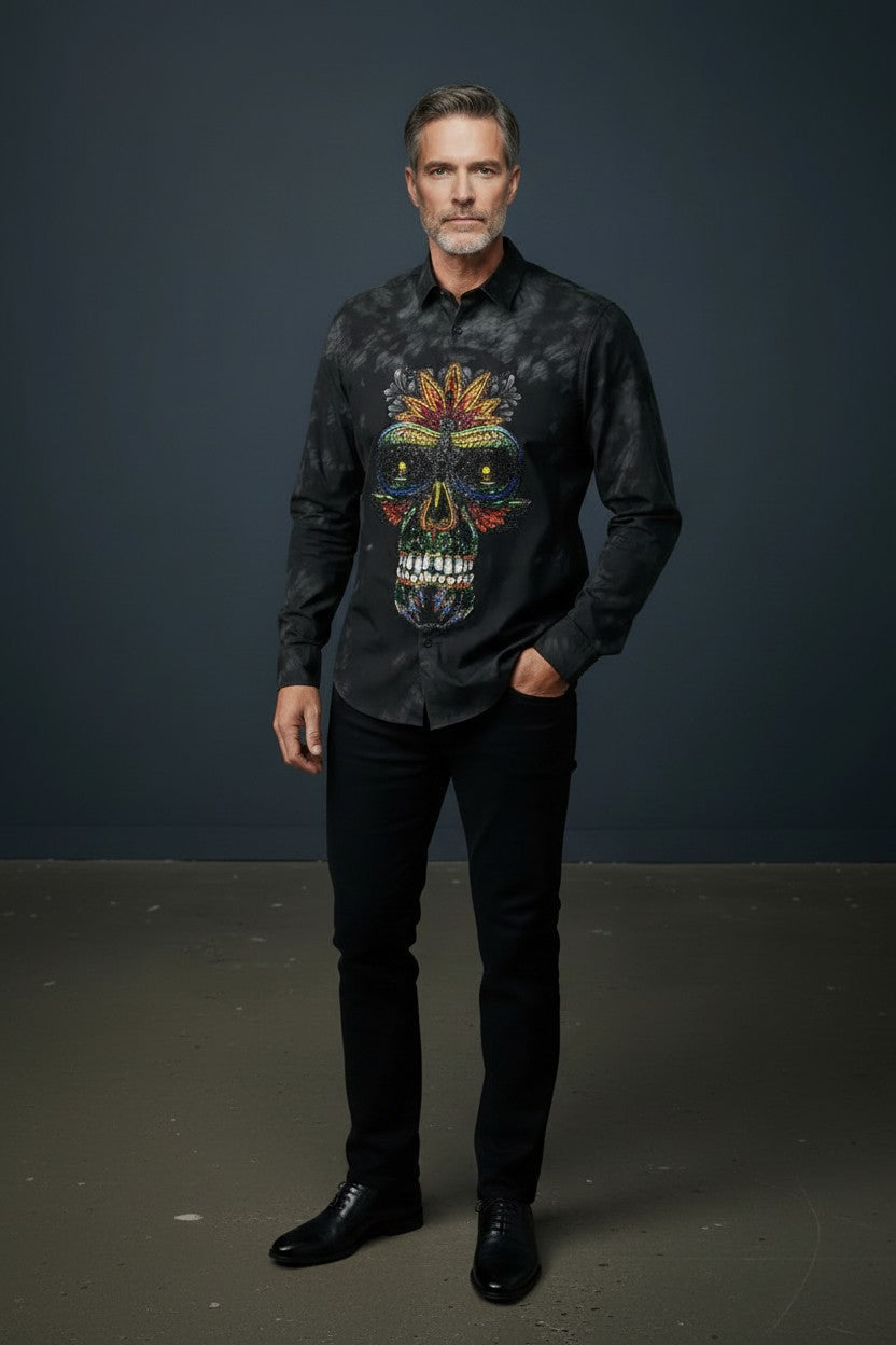 Vercini Black Skull Rhinestone Dress Shirt Artistic Multicolor Design